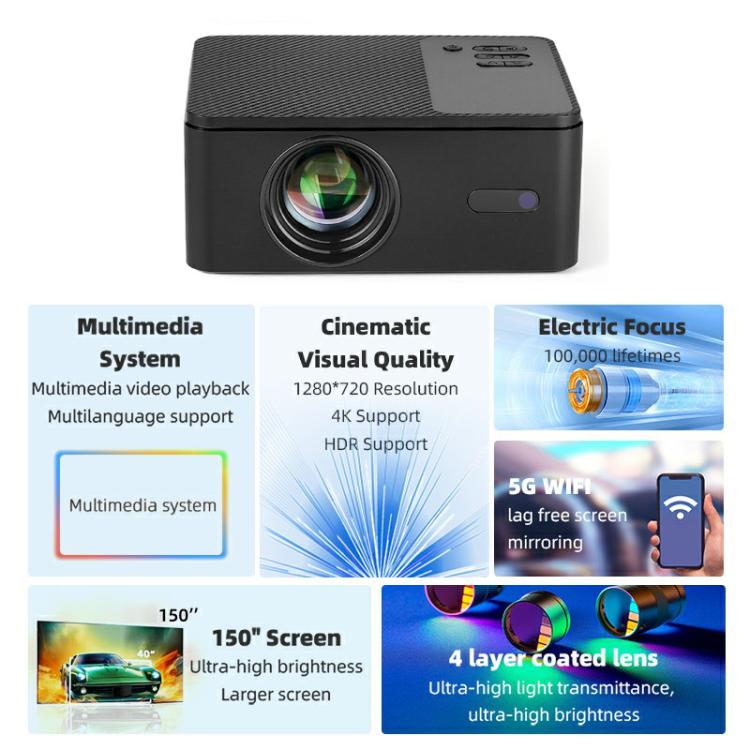AUN A32 1280x720P 200ANSI D3100 CPU WIFI Display Smart Projector, UK Plug(Black)