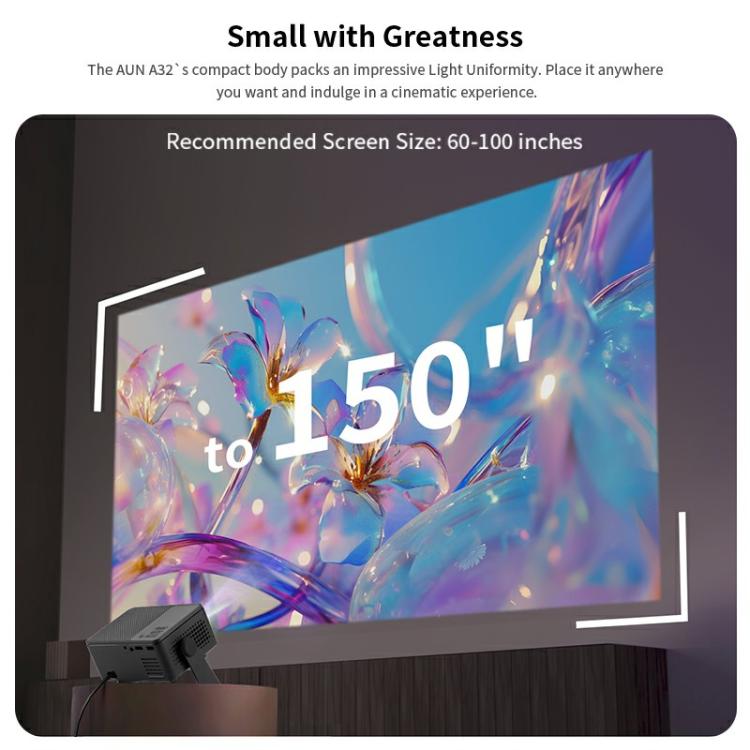 AUN A32 1280x720P 200ANSI D3100 CPU WIFI Display Smart Projector, UK Plug(Black)