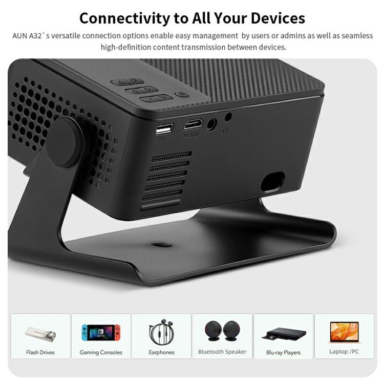AUN A32 1280x720P 200ANSI D3100 CPU WIFI Display Smart Projector, UK Plug(Black)