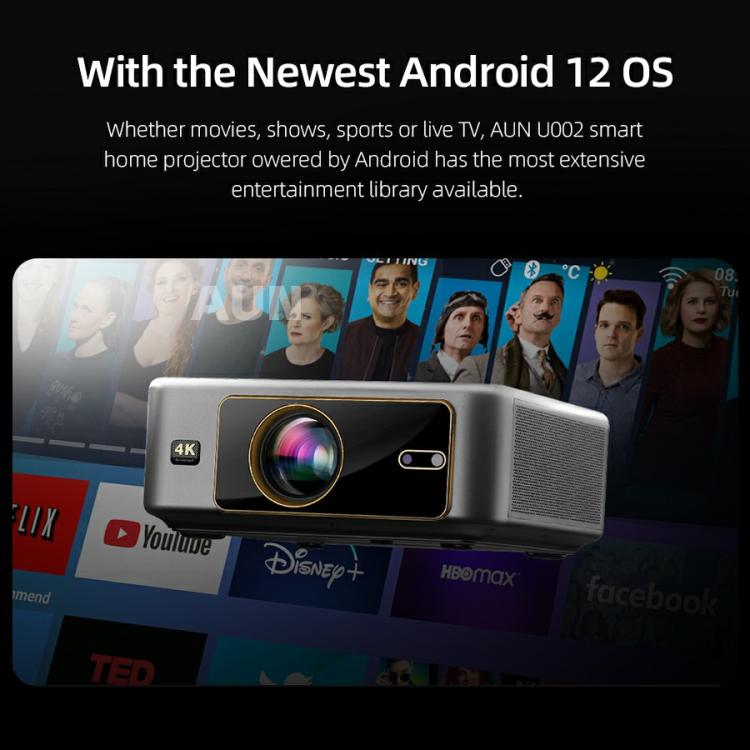 AUN U002 1920x1080P 970ANSI Android 12 Home Theater Smart Projector, AU Plug(Dark Grey)