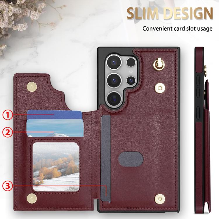 For Samsung Galaxy S25 Ultra 5G Rhombic Dual Buckle Card Slots Phone Case with Lanyard(Wine Red)