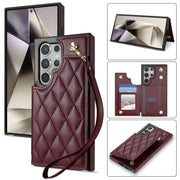 For Samsung Galaxy S25 Ultra 5G Rhombic Dual Buckle Card Slots Phone Case with Lanyard(Wine Red)