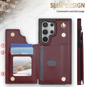 For Samsung Galaxy S25 Ultra 5G Rhombic Dual Buckle Card Slots Phone Case with Lanyard(Wine Red)