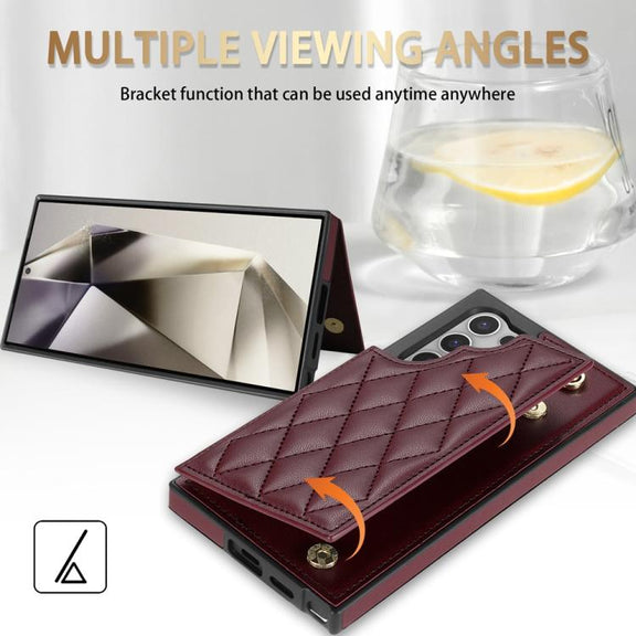 For Samsung Galaxy S25 Ultra 5G Rhombic Dual Buckle Card Slots Phone Case with Lanyard(Wine Red)