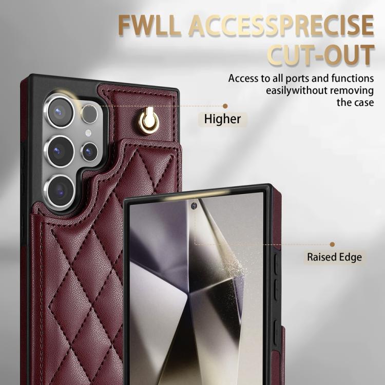 For Samsung Galaxy S25 Ultra 5G Rhombic Dual Buckle Card Slots Phone Case with Lanyard(Wine Red)