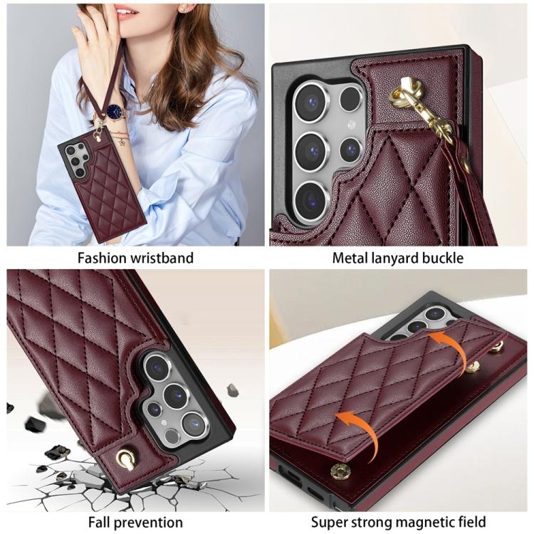 For Samsung Galaxy S25 Ultra 5G Rhombic Dual Buckle Card Slots Phone Case with Lanyard(Wine Red)