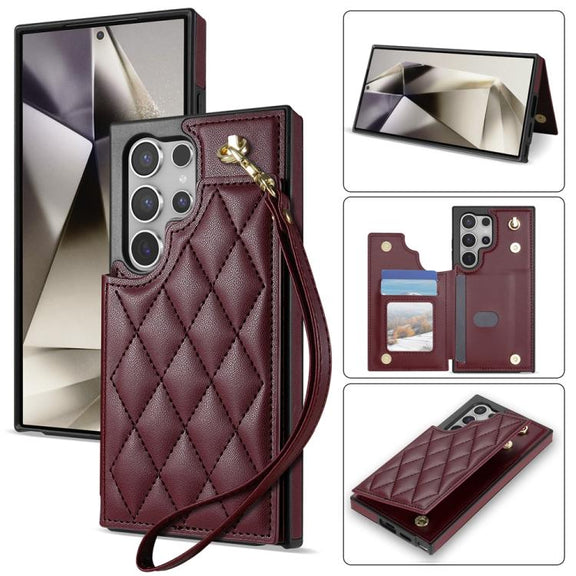 For Samsung Galaxy S25 Ultra 5G Rhombic Dual Buckle Card Slots Phone Case with Lanyard(Wine Red)
