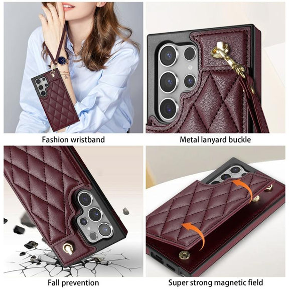 For Samsung Galaxy S25 Ultra 5G Rhombic Dual Buckle Card Slots Phone Case with Lanyard(Wine Red)