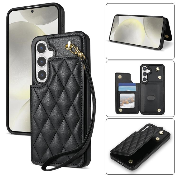 For Samsung Galaxy S25+ 5G Rhombic Dual Buckle Card Slots Phone Case with Lanyard(Black)