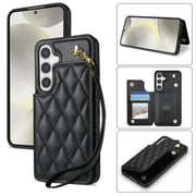 For Samsung Galaxy S25+ 5G Rhombic Dual Buckle Card Slots Phone Case with Lanyard(Black)