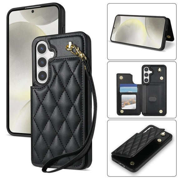 For Samsung Galaxy S25+ 5G Rhombic Dual Buckle Card Slots Phone Case with Lanyard(Black)