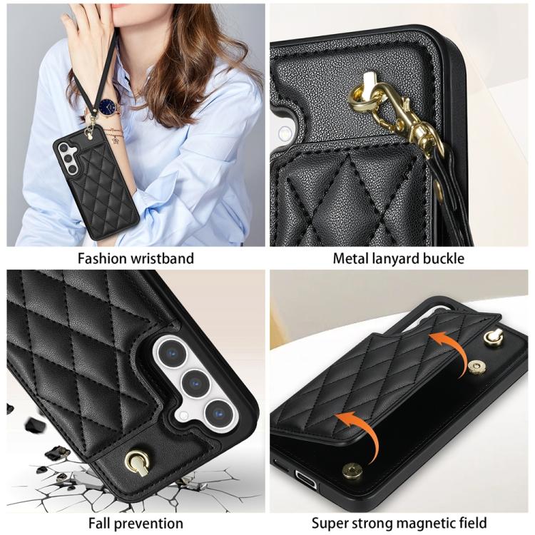 For Samsung Galaxy S25+ 5G Rhombic Dual Buckle Card Slots Phone Case with Lanyard(Black)