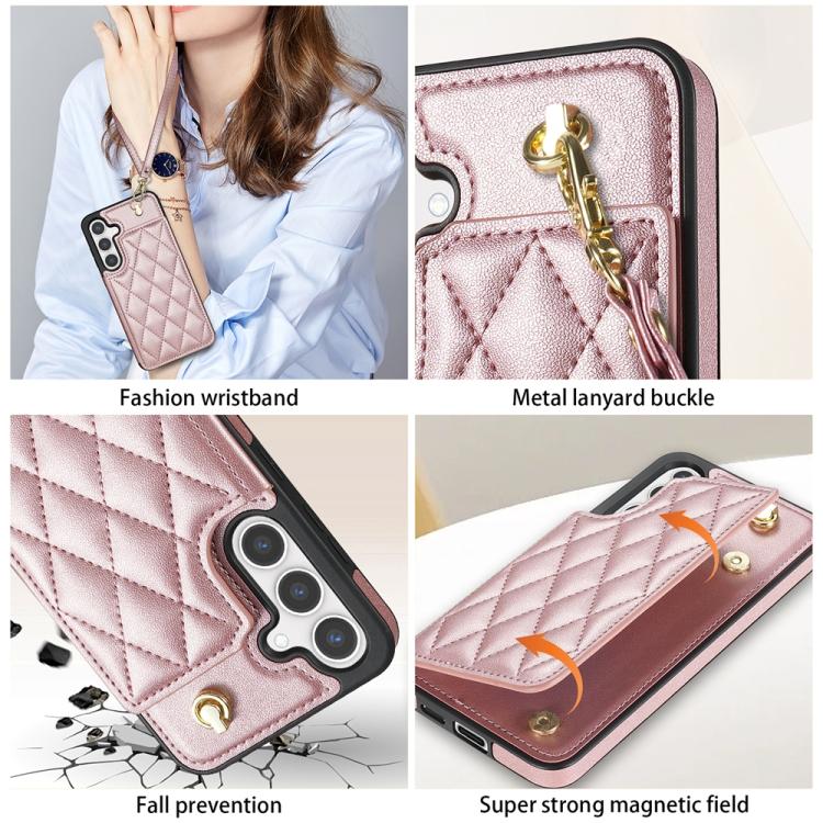 For Samsung Galaxy S25+ 5G Rhombic Dual Buckle Card Slots Phone Case with Lanyard(Rose Gold)