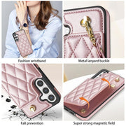 For Samsung Galaxy S25+ 5G Rhombic Dual Buckle Card Slots Phone Case with Lanyard(Rose Gold)