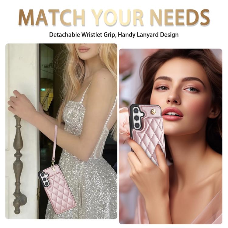 For Samsung Galaxy S25+ 5G Rhombic Dual Buckle Card Slots Phone Case with Lanyard(Rose Gold)