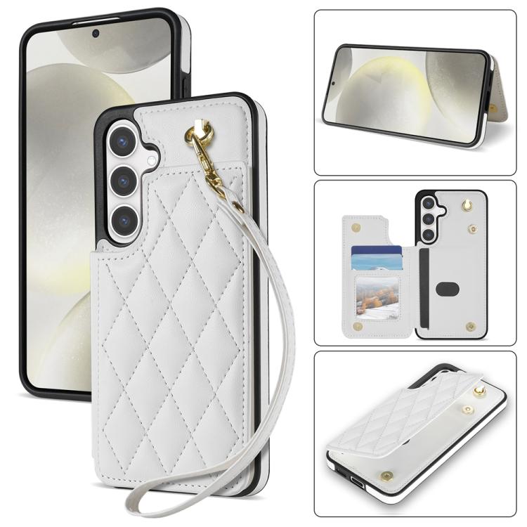 For Samsung Galaxy S25 5G Rhombic Dual Buckle Card Slots Phone Case with Lanyard(White)