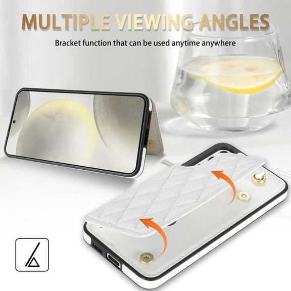 For Samsung Galaxy S25 5G Rhombic Dual Buckle Card Slots Phone Case with Lanyard(White)