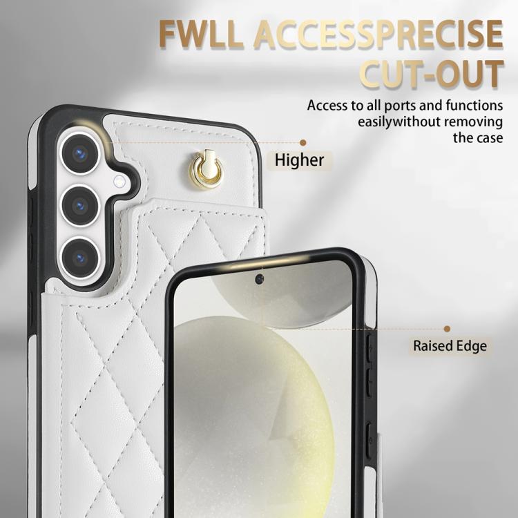 For Samsung Galaxy S25 5G Rhombic Dual Buckle Card Slots Phone Case with Lanyard(White)