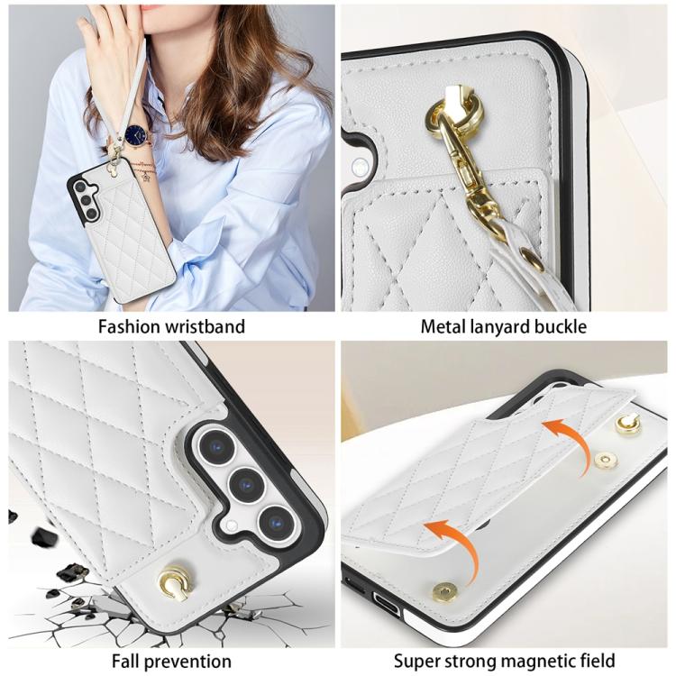 For Samsung Galaxy S25 5G Rhombic Dual Buckle Card Slots Phone Case with Lanyard(White)
