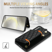 For Samsung Galaxy S25 5G Rhombic Dual Buckle Card Slots Phone Case with Lanyard(Black)