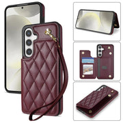 For Samsung Galaxy S25 5G Rhombic Dual Buckle Card Slots Phone Case with Lanyard(Wine Red)