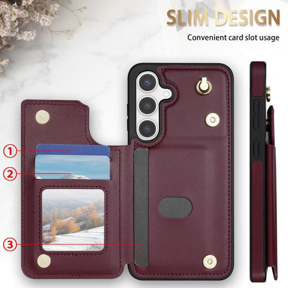 For Samsung Galaxy S25 5G Rhombic Dual Buckle Card Slots Phone Case with Lanyard(Wine Red)