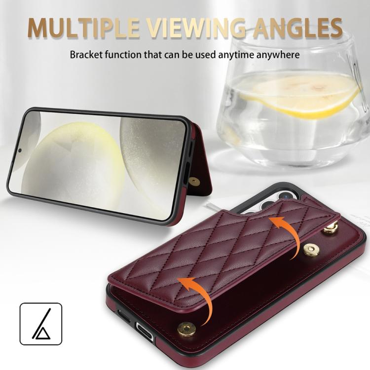 For Samsung Galaxy S25 5G Rhombic Dual Buckle Card Slots Phone Case with Lanyard(Wine Red)