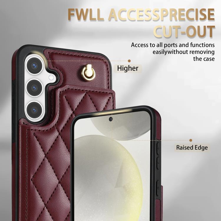 For Samsung Galaxy S25 5G Rhombic Dual Buckle Card Slots Phone Case with Lanyard(Wine Red)