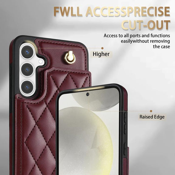 For Samsung Galaxy S25 5G Rhombic Dual Buckle Card Slots Phone Case with Lanyard(Wine Red)