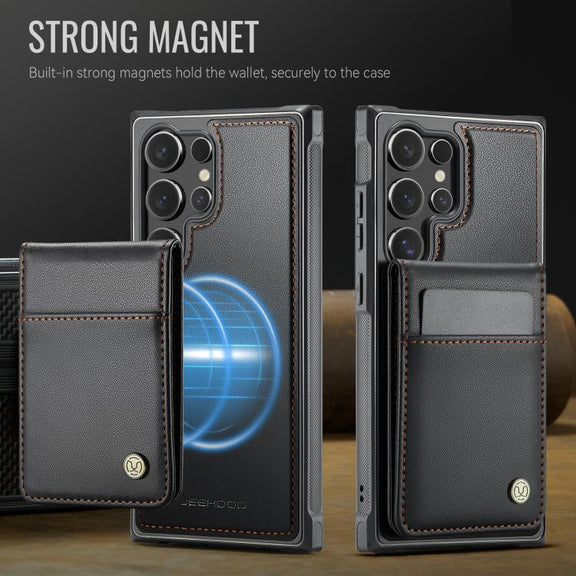 For Samsung Galaxy S25 Ultra 5G JEEHOOD J06 British Style RFID MagSafe Card Bag PU Phone Case(Black)