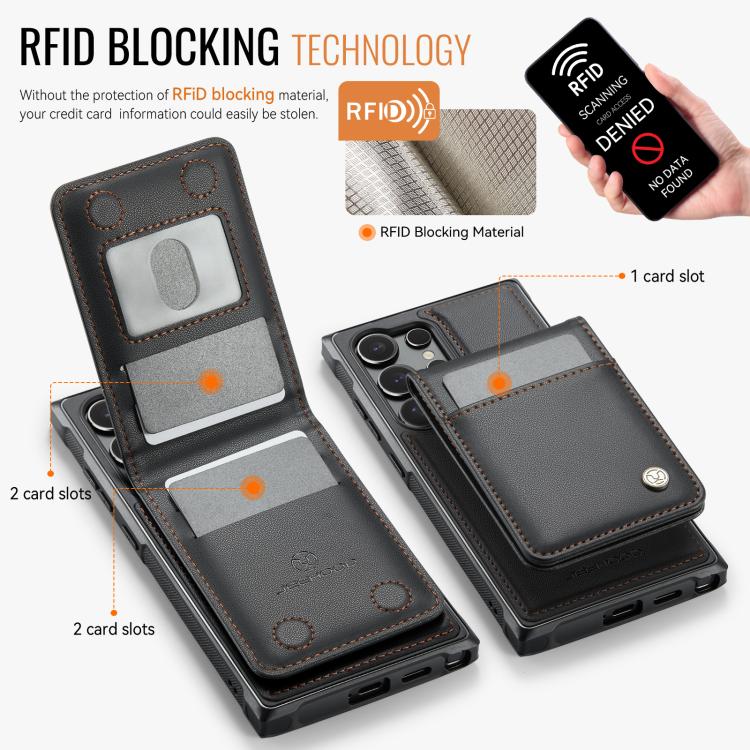 For Samsung Galaxy S25 Ultra 5G JEEHOOD J06 British Style RFID MagSafe Card Bag PU Phone Case(Black)
