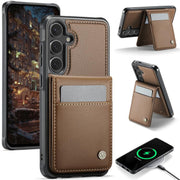 For Samsung Galaxy S25 5G JEEHOOD J06 British Style RFID MagSafe Card Bag PU Phone Case(Brown)