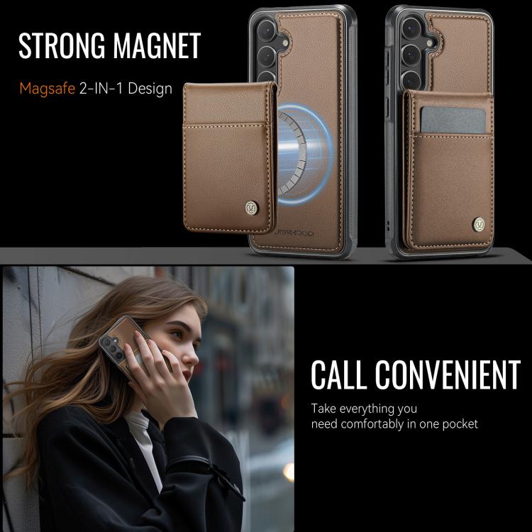 For Samsung Galaxy S25 5G JEEHOOD J06 British Style RFID MagSafe Card Bag PU Phone Case(Brown)