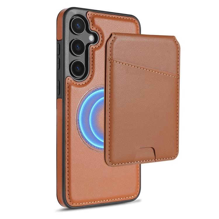 For Samsung Galaxy S25 5G Skin Feel Detachable Card Bag Magsafe Phone Case(Brown)