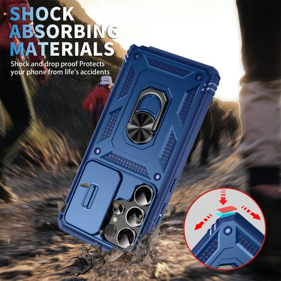 For Samsung Galaxy S25 Ultra 5G Sliding Camshield TPU Hybrid PC Phone Case with Holder(Navy Blue)