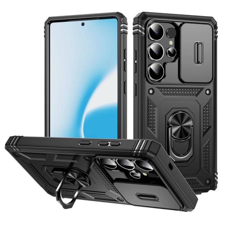 For Samsung Galaxy S25 Ultra 5G Sliding Camshield TPU Hybrid PC Phone Case with Holder(Black)