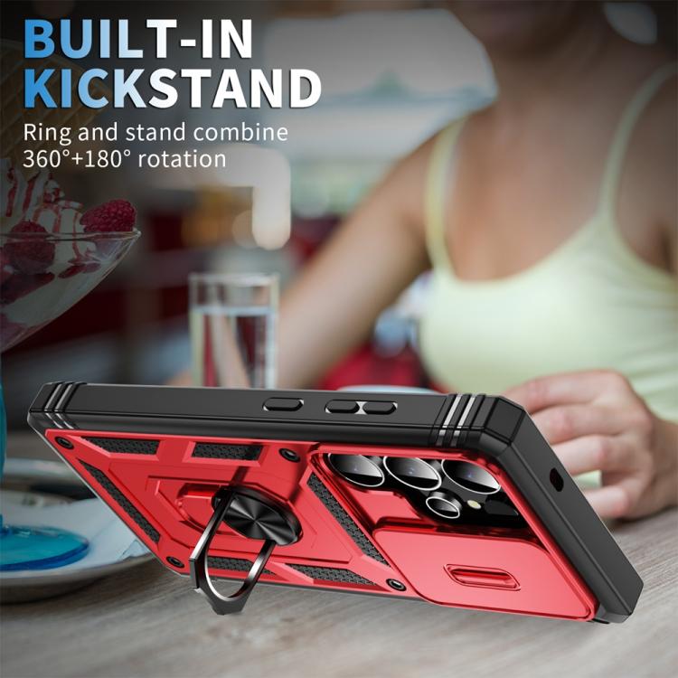 For Samsung Galaxy S25 Ultra 5G Sliding Camshield TPU Hybrid PC Phone Case with Holder(Red+Black)
