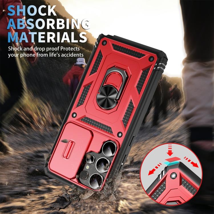 For Samsung Galaxy S25 Ultra 5G Sliding Camshield TPU Hybrid PC Phone Case with Holder(Red+Black)