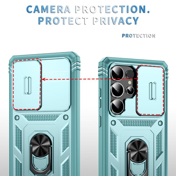 For Samsung Galaxy S25 Ultra 5G Sliding Camshield TPU Hybrid PC Phone Case with Holder(Green)