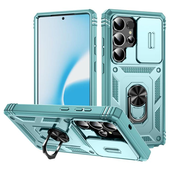 For Samsung Galaxy S25 Ultra 5G Sliding Camshield TPU Hybrid PC Phone Case with Holder(Green)