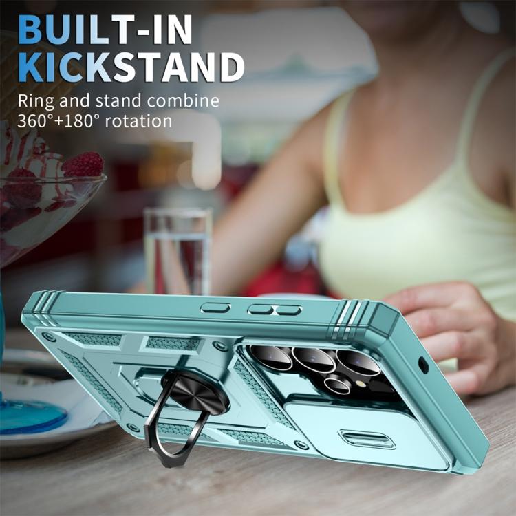 For Samsung Galaxy S25 Ultra 5G Sliding Camshield TPU Hybrid PC Phone Case with Holder(Green)