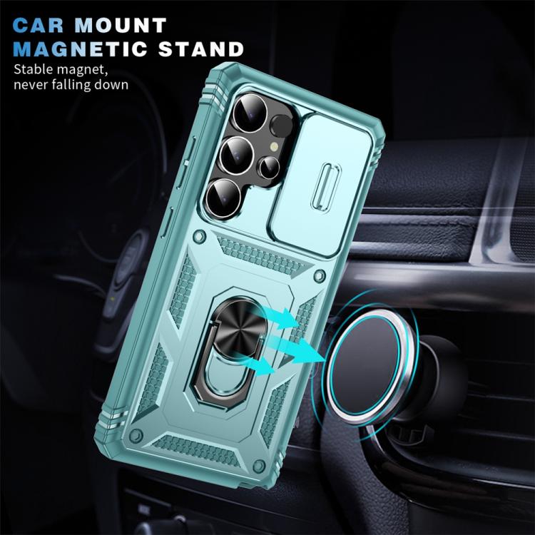 For Samsung Galaxy S25 Ultra 5G Sliding Camshield TPU Hybrid PC Phone Case with Holder(Green)