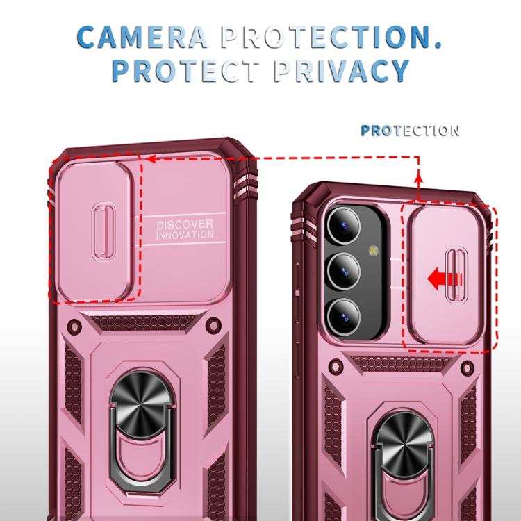 For Samsung Galaxy S25+ 5G Sliding Camshield TPU Hybrid PC Phone Case with Holder(Pink+Rose Red)