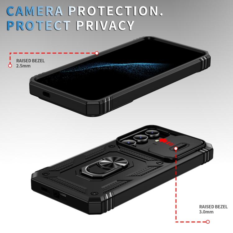 For Samsung Galaxy S25+ 5G Sliding Camshield TPU Hybrid PC Phone Case with Holder(Black)