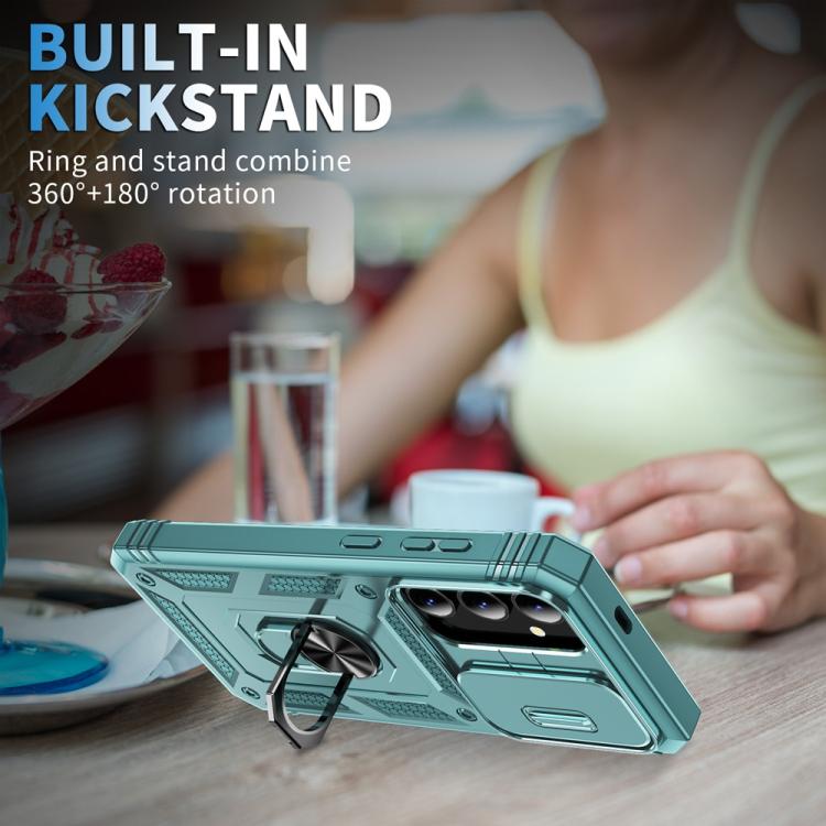 For Samsung Galaxy S25+ 5G Sliding Camshield TPU Hybrid PC Phone Case with Holder(Green)