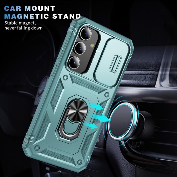 For Samsung Galaxy S25+ 5G Sliding Camshield TPU Hybrid PC Phone Case with Holder(Green)