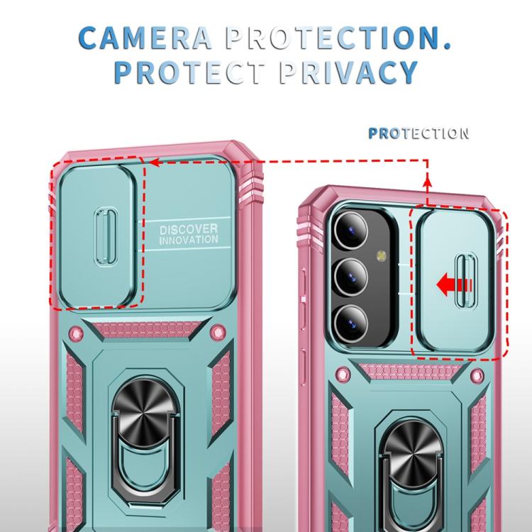 For Samsung Galaxy S25+ 5G Sliding Camshield TPU Hybrid PC Phone Case with Holder(Green+Pink)