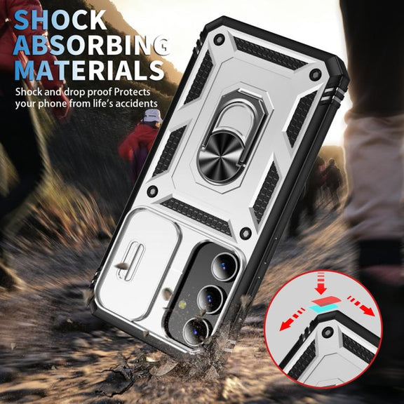 For Samsung Galaxy S25 5G Sliding Camshield TPU Hybrid PC Phone Case with Holder(White+Black)