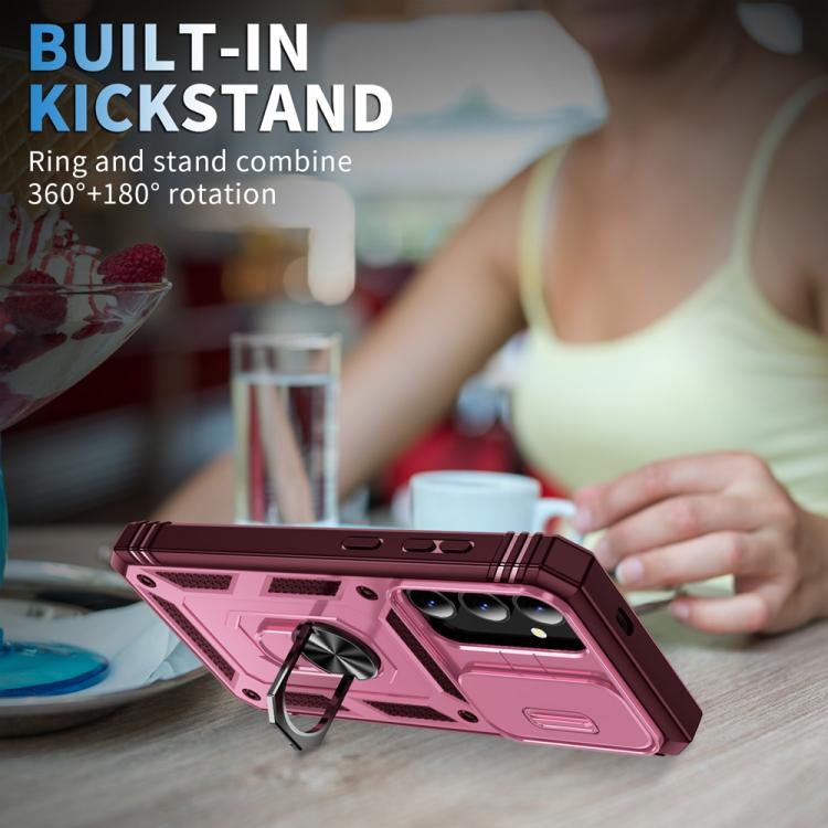 For Samsung Galaxy S25 5G Sliding Camshield TPU Hybrid PC Phone Case with Holder(Pink+Rose Red)