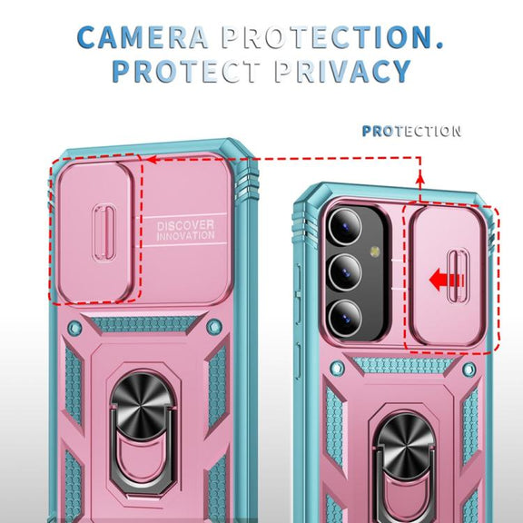 For Samsung Galaxy S25 5G Sliding Camshield TPU Hybrid PC Phone Case with Holder(Pink+Green)